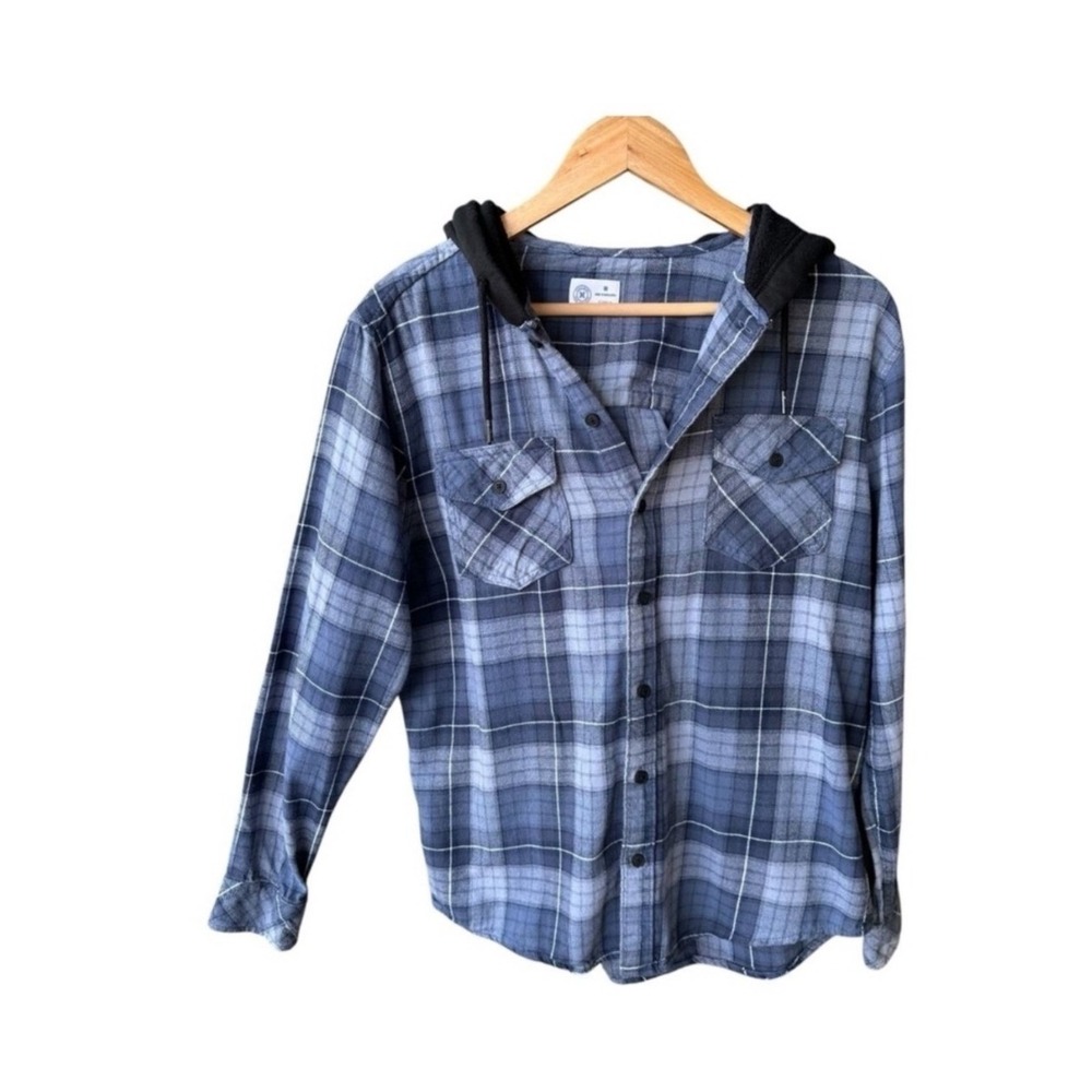 Hurley Sweater Top Blue Plaid Hooded Flannel Shirt Long Sleeve Button Up Medium